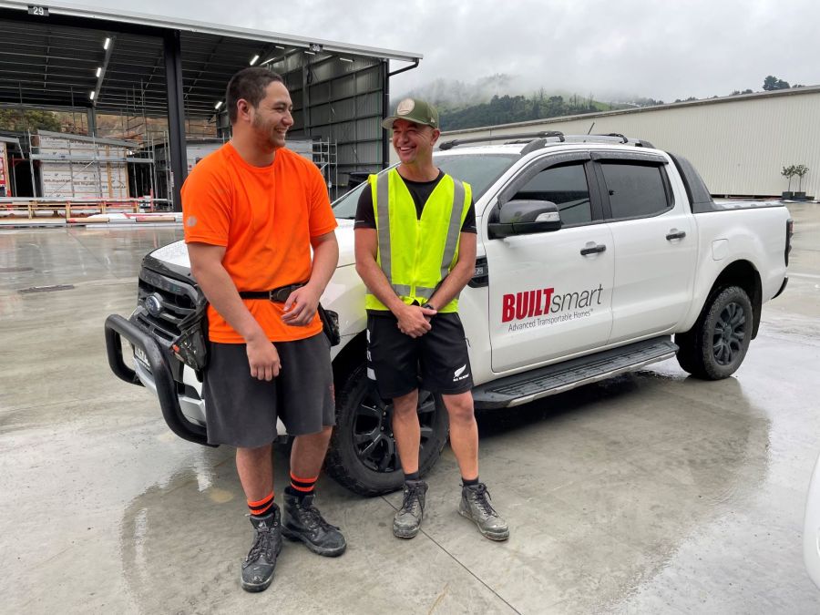 Apprentice Marshall Thomas (left) and Builtsmart Project Manager Boydy Scott are part of a team building futures in Huntly.