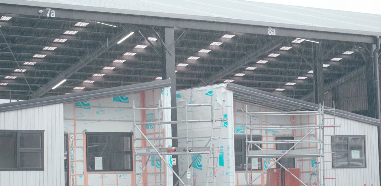 Rain doesn’t slow down construction time at Builtsmart's covered house factories.